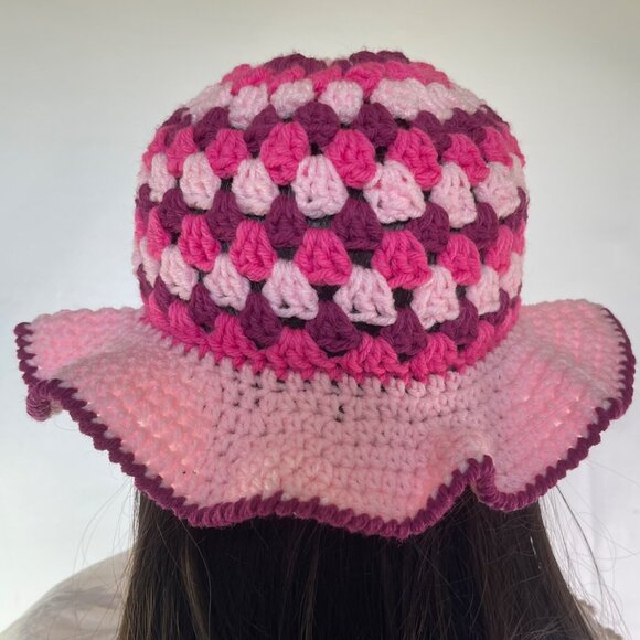 Crochet Bucket Hat Granny Square Pattern Pink Burgundy Adult Size Handmade main image 4